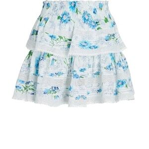 LoveShackFancy White and Blue Floral Tiered Skirt